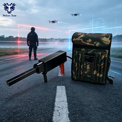 Besorgen Rucksack-Gewehr-Typ tragbarer Anti-Drohnen-Störsender IP55 für den Außenbereich, lange Reichweite, UAV-Signalstörsender für Feldperimeter, Notfall-Anti-Drohnen-Einsätze Online-Herstellung