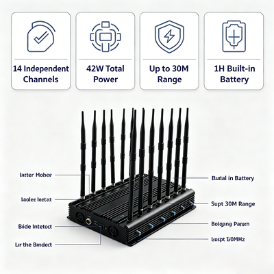 42W Desktop-Signal Jammer mit 14 Bands und Omnidirectional Antenne für 2G 3G 4G 5G WiFi GPS VHF UHF Lojack