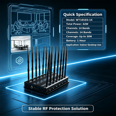 42W 14-Band Desktop Signaljammer mit omnidirektionaler Antenne für umfassende RF-Blockierung