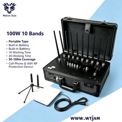 100 W Portable Signal Jammer mit 10 Frequenzbändern und 30-100 Meter Abdeckungsradius für Innen- und Außenschutz
